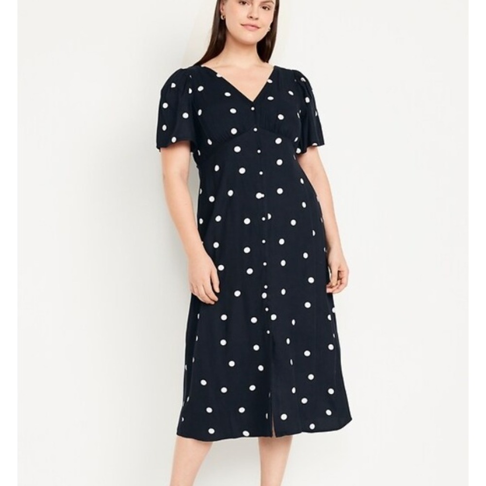 Old Navy Midi Dress Navy Polka Dot Button Front Smocked Modest Church Work Large